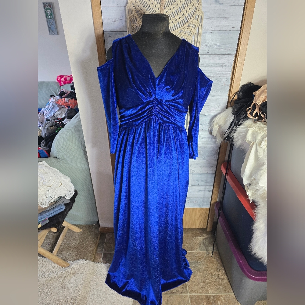 Vtg 60's 70's Blue Velvet Cold Shoulder Dream Dress Whimsigoth Hollywood Glamour